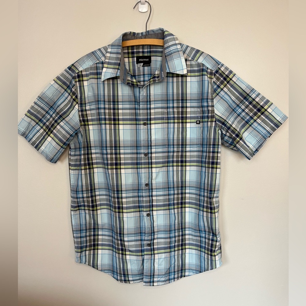 Marmot Blue Plaid Short Sleeve Quick Dry Button Down Men’s Shirt Size L